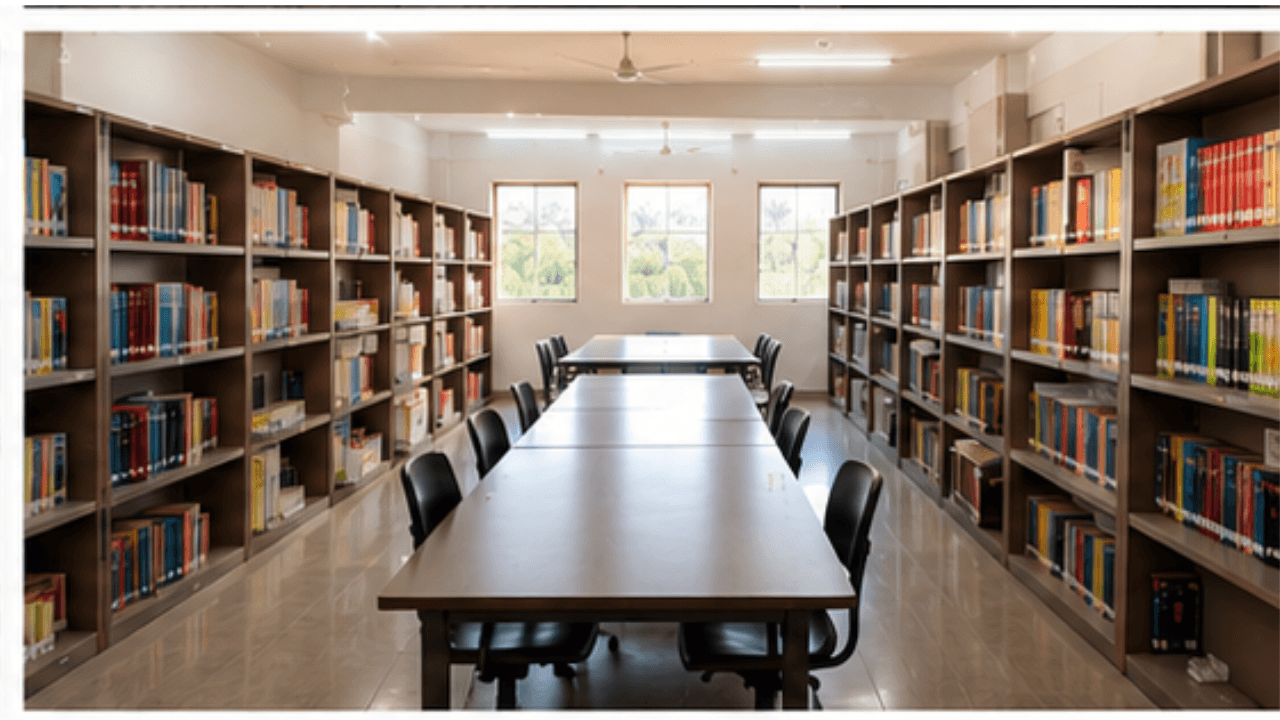 Bright and airy elementary school library with circular seating and colorful books